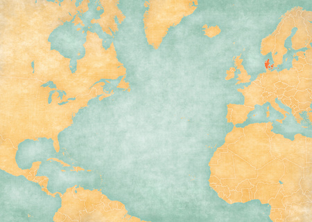 Denmark on the map of North Atlantic Ocean in soft grunge and vintage style, like old paper with watercolor painting.の写真素材