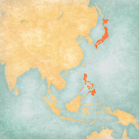 Japan and Philippines on the map of East and Southeast Asia in soft grunge and vintage style, like old paper with watercolor painting.の写真素材