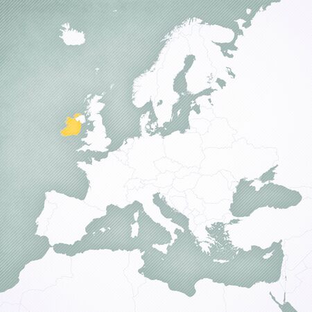 Ireland on the map of Europe with softly striped vintage background.の写真素材