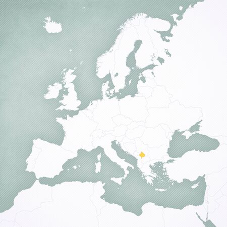 Kosovo on the map of Europe with softly striped vintage background.の写真素材