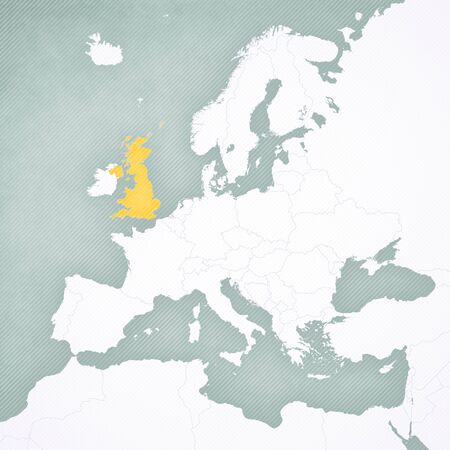 United Kingdom on the map of Europe with softly striped vintage background.の写真素材