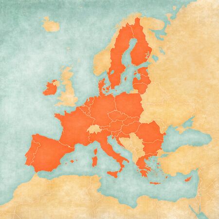 European Union on the map of Europe in soft grunge and vintage style, like old paper with watercolor painting.の写真素材
