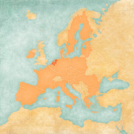 Netherlands on the map of European Union in soft grunge and vintage style, like old paper with watercolor painting.の写真素材
