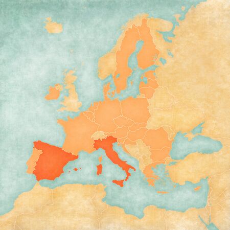 Italy and Spain on the map of European Union in soft grunge and vintage style, like old paper with watercolor painting.の写真素材