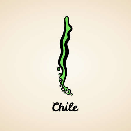 Green simplified map of Chile with black outline.のイラスト素材