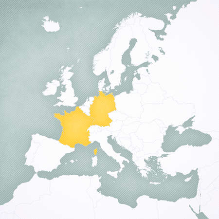 Germany and France on the map of Europe with softly striped vintage background.の写真素材