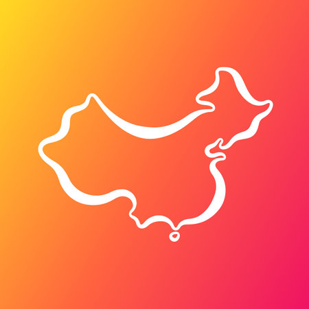 White outline map of China on orange and purle gradient background.のイラスト素材
