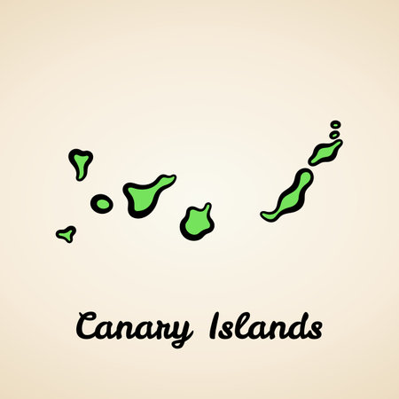 Green simplified map of Canary Islands with black outline.のイラスト素材