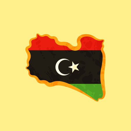 Map of Libya colored with the flag and marked with a golden line in grunge vintage style.のイラスト素材