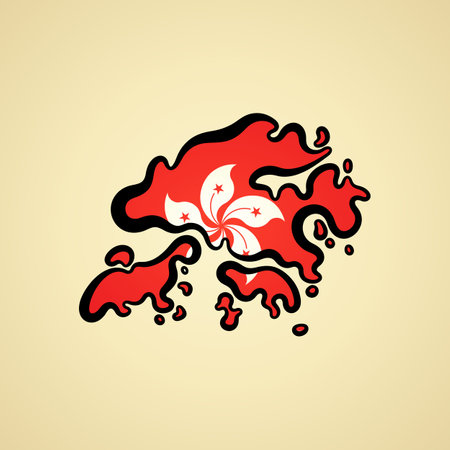 Map of Hong Kong with flag and black outline.のイラスト素材