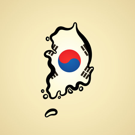 Map of South Korea with flag and black outline.のイラスト素材