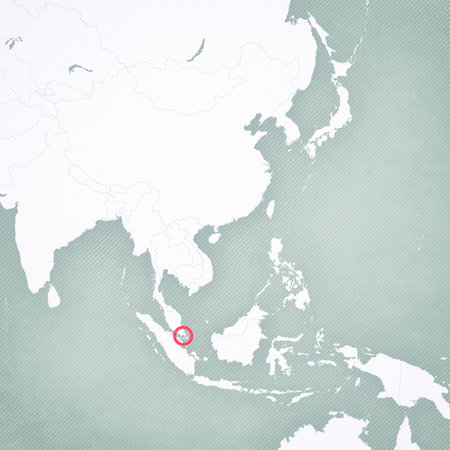 Singapore on the map of East and Southeast Asia with softly striped vintage background.の写真素材