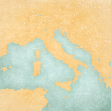 Blank map of Italian Peninsula and Italy in soft grunge and vintage style, like old paper with watercolor painting.の写真素材