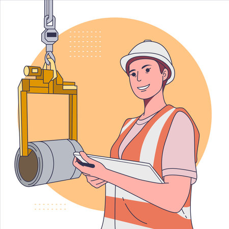 Worker with blueprint and crane hook. Vector illustration in cartoon styleのイラスト素材