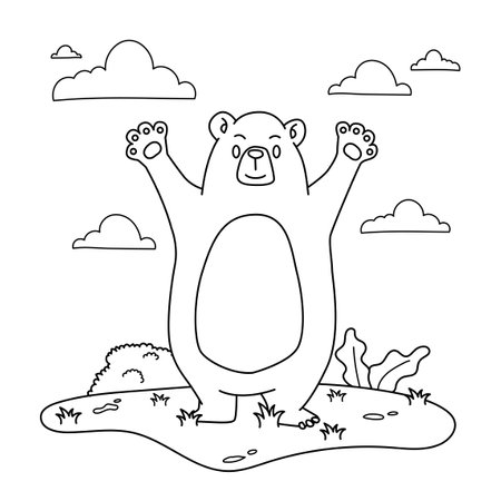 Hand drawn A bear is standing in a field with a big smile on its face. The bear is holding its paws up in the air, as if it is excited or happy illustration coloring book.のイラスト素材