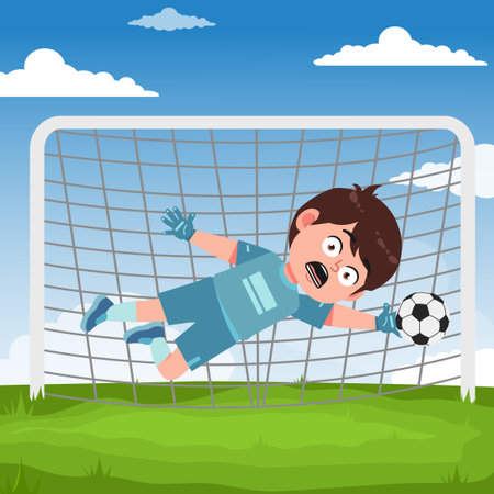 Cute boy cartoon character doing sport playing football with uniformのイラスト素材