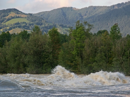 Flood leading river Isar near Bad Toelzの写真素材