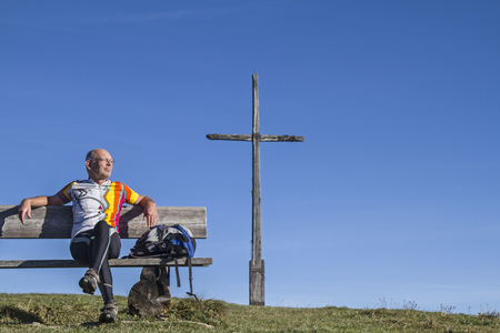 rest near summit cross on the Rechelkopf in the Tegernsee Alpsの写真素材