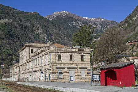 Station in San Dalmas de Tende - martial and pompous building in the small village on the French border with Italyのeditorial素材