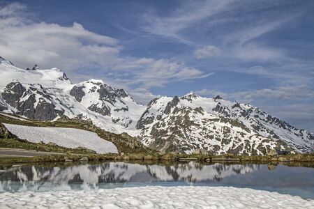 Winter end - Small idyllic mountain lake at the apex of the Susten Passの写真素材