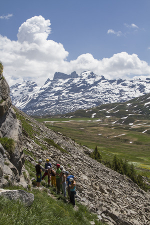 Climbing course at Bonistock in Central Switzerland - Introduction to Alpine basic conceptsの写真素材