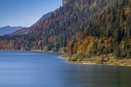lake Sylvenstein with colorful foliage in autumn