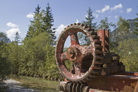 Detail of an ancient airlock equipment on the Ammer in Graswang Valleyの写真素材
