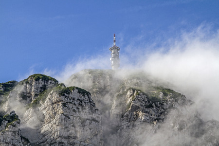 The Monte Bondone, the hilltop of Trento, is a splendid viewpoint, the huge broadcasting system and the Schilifte on the summit disturb the idyll very much.のeditorial素材