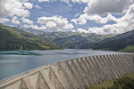 Mighty pier dam wall at Lac de Roselend in Savoy in Franceの写真素材