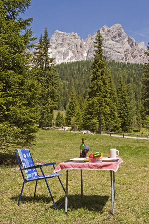 Idyllic picnic spot on a mountain meadow in the Dolomitesの写真素材