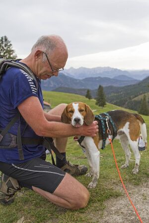 The beagle and its owner enjoy the beautiful view from the top of the 1273 m high Farrenpoint, which is a mountain in the Mangfall mountains on the Kaiser mountainsの写真素材