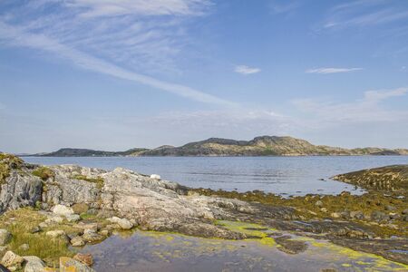 Idyllic fjord landscape at Nordsalten, a narrow Sund near Kvingla in North-Trondelagの写真素材