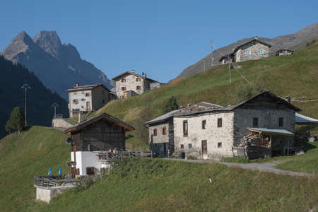 Small idyllic alpine village in the original high mountain valley Val Viola in the Stilfsernationalpark in Italyの写真素材
