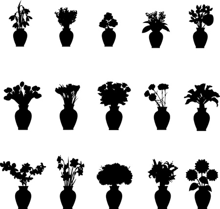 Bouquet different flowers in vase collection silhouettes isolated on white backgroundのイラスト素材