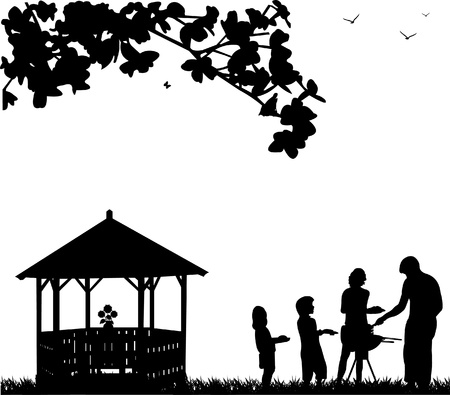 Family barbecue and picnic in the garden next to the arbor or summer house and butterflies flying under a tree silhouetteのイラスト素材