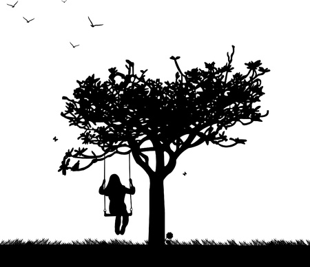 Girl on swing in park or garden in spring silhouetteのイラスト素材