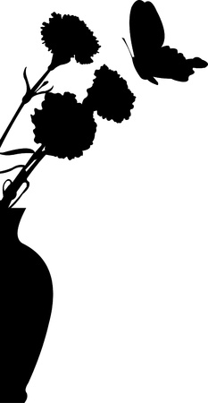  Flower carnations in vase and butterfly flying silhouetteのイラスト素材