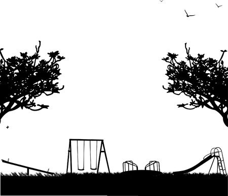  Kids playground with different objects in park silhouette のイラスト素材