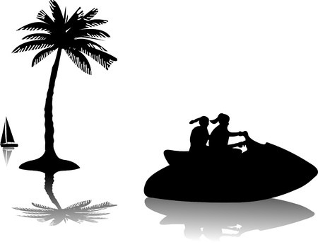 Girls riding a jet ski on water near the palm trees silhouette のイラスト素材