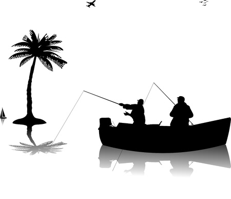  Two fishermen in a boat fishing near the palm tree silhouetteのイラスト素材