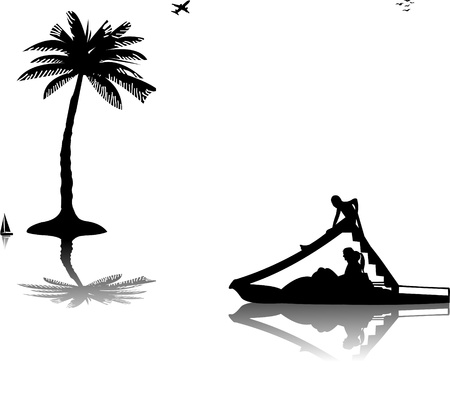 Family on pedal boat with slide in sea near the palm trees silhouetteのイラスト素材