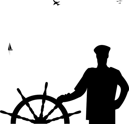 Sailor at the helm the ship at the sea silhouetteのイラスト素材