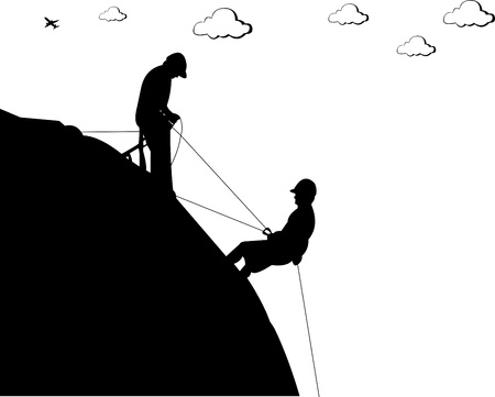 Silhouette of a rock with climbers, climbing to the goal