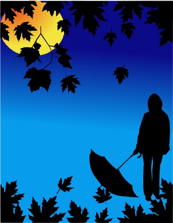 Autumn background with falling leaves and girl with umbrella under the moonlight のイラスト素材