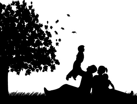 Family picnic in park in autumn or fall under the tree silhouette のイラスト素材