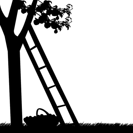 Apple tree with ladder and basket of apples silhouetteのイラスト素材