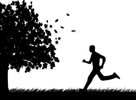 Man running in park in autumn or fall silhouette, one in the series of similar images のイラスト素材