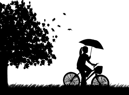 Young woman ride bike in the rain under umbrella in park in autumn or fall silhouetteのイラスト素材