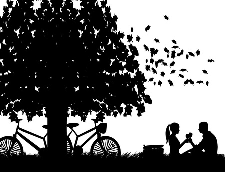  Romantic couple in picnic, with bikes in park under the tree toast with glass of wine in autumn or fall silhouetteのイラスト素材