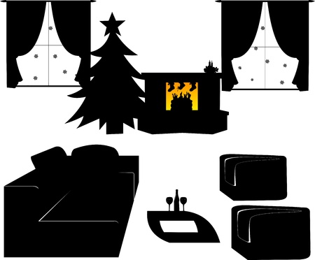 Children s shoes filled with candy and gifts for Nicholas day on the 6th December hanging on fireplace in living room silhouetteのイラスト素材